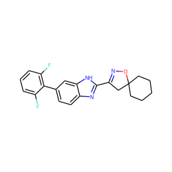 Fc1cccc(F)c1-c1ccc2nc(C3=NOC4(CCCCC4)C3)[nH]c2c1 ZINC000066113425