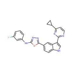 Fc1cccc(Nc2nnc(-c3ccc4[nH]cc(-c5nccc(C6CC6)n5)c4c3)o2)c1 ZINC000145419666