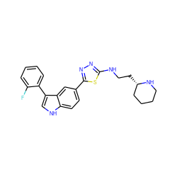 Fc1ccccc1-c1c[nH]c2ccc(-c3nnc(NCC[C@H]4CCCCN4)s3)cc12 ZINC000145432877