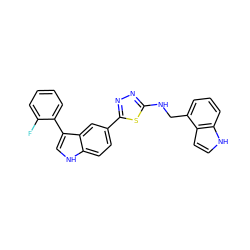 Fc1ccccc1-c1c[nH]c2ccc(-c3nnc(NCc4cccc5[nH]ccc45)s3)cc12 ZINC000145409445