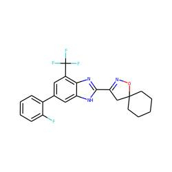 Fc1ccccc1-c1cc(C(F)(F)F)c2nc(C3=NOC4(CCCCC4)C3)[nH]c2c1 ZINC000066099652