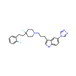 Fc1ccccc1CCC1(F)CCN(CCCc2c[nH]c3ccc(-n4cnnc4)cc23)CC1 ZINC000013557024