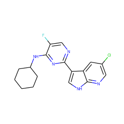 Fc1cnc(-c2c[nH]c3ncc(Cl)cc23)nc1NC1CCCCC1 ZINC000145185341