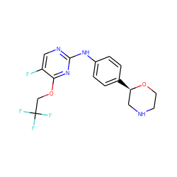 Fc1cnc(Nc2ccc([C@@H]3CNCCO3)cc2)nc1OCC(F)(F)F ZINC000150040580