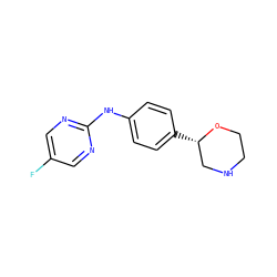 Fc1cnc(Nc2ccc([C@H]3CNCCO3)cc2)nc1 ZINC000149964669