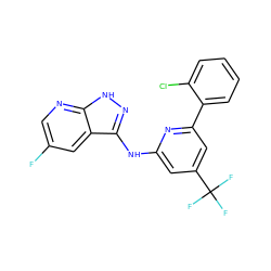 Fc1cnc2[nH]nc(Nc3cc(C(F)(F)F)cc(-c4ccccc4Cl)n3)c2c1 ZINC000043199865