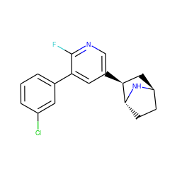 Fc1ncc([C@H]2C[C@H]3CC[C@H]2N3)cc1-c1cccc(Cl)c1 ZINC000261104290