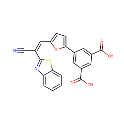 N#C/C(=C/c1ccc(-c2cc(C(=O)O)cc(C(=O)O)c2)o1)c1nc2ccccc2s1 ZINC000013124714