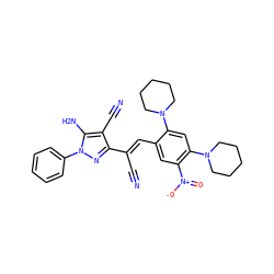 N#C/C(=C\c1cc([N+](=O)[O-])c(N2CCCCC2)cc1N1CCCCC1)c1nn(-c2ccccc2)c(N)c1C#N ZINC000006474570