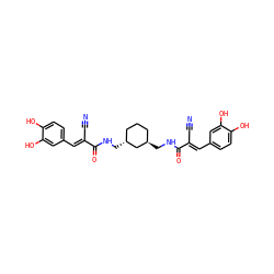 N#C/C(=C\c1ccc(O)c(O)c1)C(=O)NC[C@@H]1CCC[C@@H](CNC(=O)/C(C#N)=C/c2ccc(O)c(O)c2)C1 ZINC000013760520