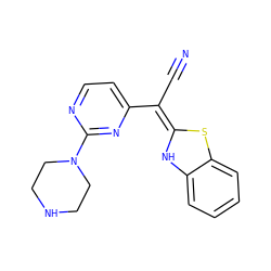 N#C/C(=C1/Nc2ccccc2S1)c1ccnc(N2CCNCC2)n1 ZINC000013647693