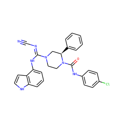 N#C/N=C(\Nc1cccc2[nH]ccc12)N1CCN(C(=O)Nc2ccc(Cl)cc2)[C@H](c2ccccc2)C1 ZINC000040936028