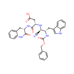 N#C[C@@H](N[C@@H](CC(=O)O)C(=O)N[C@@H](Cc1ccccc1)C(N)=O)[C@H](Cc1c[nH]c2ccccc12)NC(=O)OCc1ccccc1 ZINC000027990370