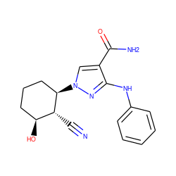 N#C[C@@H]1[C@@H](O)CCC[C@H]1n1cc(C(N)=O)c(Nc2ccccc2)n1 ZINC000222969353