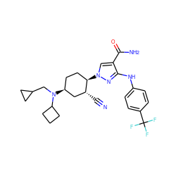 N#C[C@@H]1C[C@@H](N(CC2CC2)C2CCC2)CC[C@H]1n1cc(C(N)=O)c(Nc2ccc(C(F)(F)F)cc2)n1 ZINC000221862708