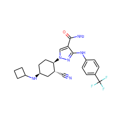 N#C[C@@H]1C[C@@H](NC2CCC2)CC[C@H]1n1cc(C(N)=O)c(Nc2ccc(C(F)(F)F)cc2)n1 ZINC000222981555