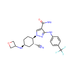 N#C[C@@H]1C[C@@H](NC2COC2)CC[C@H]1n1cc(C(N)=O)c(Nc2ccc(C(F)(F)F)cc2)n1 ZINC000221889932