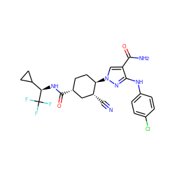 N#C[C@@H]1C[C@H](C(=O)N[C@H](C2CC2)C(F)(F)F)CC[C@H]1n1cc(C(N)=O)c(Nc2ccc(Cl)cc2)n1 ZINC000221845152