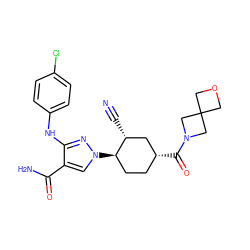 N#C[C@@H]1C[C@H](C(=O)N2CC3(COC3)C2)CC[C@H]1n1cc(C(N)=O)c(Nc2ccc(Cl)cc2)n1 ZINC000221890752