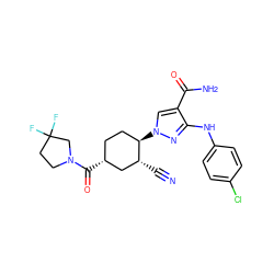 N#C[C@@H]1C[C@H](C(=O)N2CCC(F)(F)C2)CC[C@H]1n1cc(C(N)=O)c(Nc2ccc(Cl)cc2)n1 ZINC000221871444