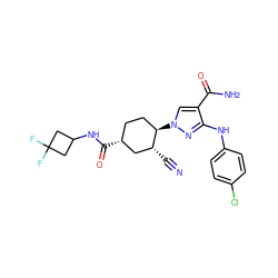 N#C[C@@H]1C[C@H](C(=O)NC2CC(F)(F)C2)CC[C@H]1n1cc(C(N)=O)c(Nc2ccc(Cl)cc2)n1 ZINC000221871007