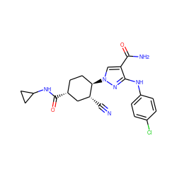 N#C[C@@H]1C[C@H](C(=O)NC2CC2)CC[C@H]1n1cc(C(N)=O)c(Nc2ccc(Cl)cc2)n1 ZINC000221871065