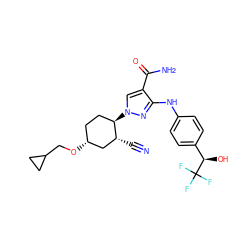 N#C[C@@H]1C[C@H](OCC2CC2)CC[C@H]1n1cc(C(N)=O)c(Nc2ccc([C@@H](O)C(F)(F)F)cc2)n1 ZINC000222973094