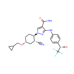 N#C[C@@H]1C[C@H](OCC2CC2)CC[C@H]1n1cc(C(N)=O)c(Nc2ccc([C@H](O)C(F)(F)F)cc2)n1 ZINC000221879047