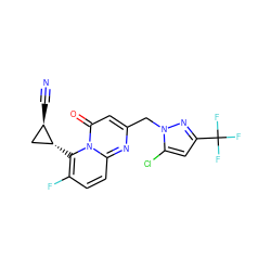 N#C[C@@H]1C[C@H]1c1c(F)ccc2nc(Cn3nc(C(F)(F)F)cc3Cl)cc(=O)n12 ZINC001772627059