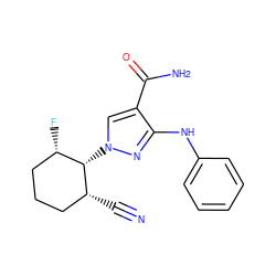 N#C[C@@H]1CCC[C@H](F)[C@@H]1n1cc(C(N)=O)c(Nc2ccccc2)n1 ZINC000221183435