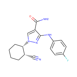 N#C[C@@H]1CCCC[C@@H]1n1cc(C(N)=O)c(Nc2ccc(F)cc2)n1 ZINC000221194441