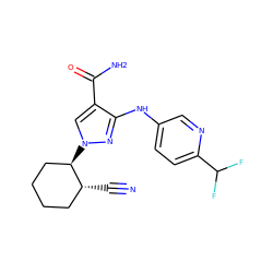 N#C[C@@H]1CCCC[C@H]1n1cc(C(N)=O)c(Nc2ccc(C(F)F)nc2)n1 ZINC000204937302