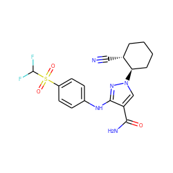 N#C[C@@H]1CCCC[C@H]1n1cc(C(N)=O)c(Nc2ccc(S(=O)(=O)C(F)F)cc2)n1 ZINC000221886996