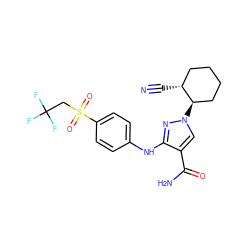 N#C[C@@H]1CCCC[C@H]1n1cc(C(N)=O)c(Nc2ccc(S(=O)(=O)CC(F)(F)F)cc2)n1 ZINC000221224998