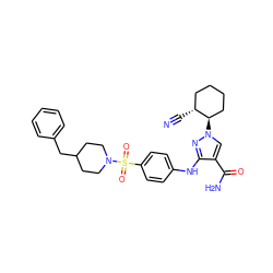 N#C[C@@H]1CCCC[C@H]1n1cc(C(N)=O)c(Nc2ccc(S(=O)(=O)N3CCC(Cc4ccccc4)CC3)cc2)n1 ZINC000204937495