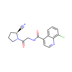 N#C[C@@H]1CCCN1C(=O)CNC(=O)c1ccnc2c(Cl)cccc12 ZINC000096270272