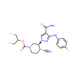 N#C[C@@H]1CCN(C(=O)OC(CF)CF)C[C@H]1n1cc(C(N)=O)c(Nc2ccc(F)cc2)n1 ZINC000220722183