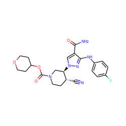 N#C[C@@H]1CCN(C(=O)OC2CCOCC2)C[C@H]1n1cc(C(N)=O)c(Nc2ccc(F)cc2)n1 ZINC000205073662