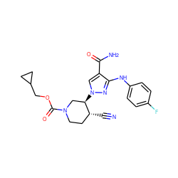 N#C[C@@H]1CCN(C(=O)OCC2CC2)C[C@H]1n1cc(C(N)=O)c(Nc2ccc(F)cc2)n1 ZINC000220649404