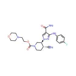 N#C[C@@H]1CCN(C(=O)OCCN2CCOCC2)C[C@H]1n1cc(C(N)=O)c(Nc2ccc(F)cc2)n1 ZINC000204939214