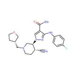 N#C[C@@H]1CCN(C[C@@H]2CCOC2)C[C@H]1n1cc(C(N)=O)c(Nc2ccc(F)cc2)n1 ZINC000220685450