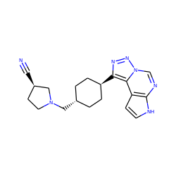 N#C[C@@H]1CCN(C[C@H]2CC[C@H](c3nnn4cnc5[nH]ccc5c34)CC2)C1 ZINC001772569860