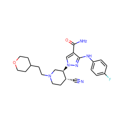 N#C[C@@H]1CCN(CCC2CCOCC2)C[C@H]1n1cc(C(N)=O)c(Nc2ccc(F)cc2)n1 ZINC000220640059