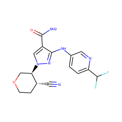 N#C[C@@H]1CCOC[C@H]1n1cc(C(N)=O)c(Nc2ccc(C(F)F)nc2)n1 ZINC000205003795