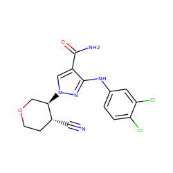 N#C[C@@H]1CCOC[C@H]1n1cc(C(N)=O)c(Nc2ccc(Cl)c(Cl)c2)n1 ZINC000204977246