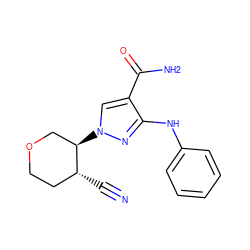 N#C[C@@H]1CCOC[C@H]1n1cc(C(N)=O)c(Nc2ccccc2)n1 ZINC000220705879