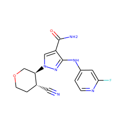 N#C[C@@H]1CCOC[C@H]1n1cc(C(N)=O)c(Nc2ccnc(F)c2)n1 ZINC000204977637