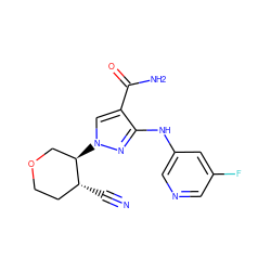 N#C[C@@H]1CCOC[C@H]1n1cc(C(N)=O)c(Nc2cncc(F)c2)n1 ZINC000205012179