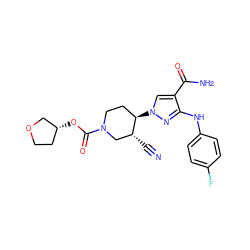 N#C[C@@H]1CN(C(=O)O[C@@H]2CCOC2)CC[C@H]1n1cc(C(N)=O)c(Nc2ccc(F)cc2)n1 ZINC000205048373