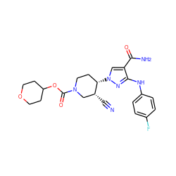 N#C[C@@H]1CN(C(=O)OC2CCOCC2)CC[C@@H]1n1cc(C(N)=O)c(Nc2ccc(F)cc2)n1 ZINC000205039112